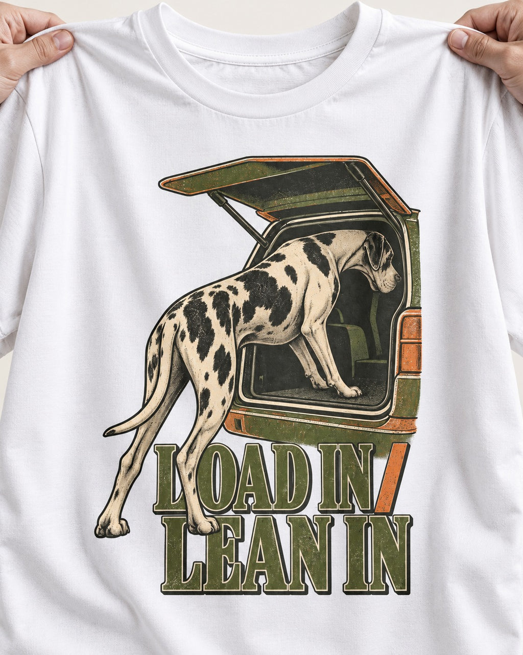 Great Dane Loadin' Leanin' T-Shirt in White, close-up of the graphic