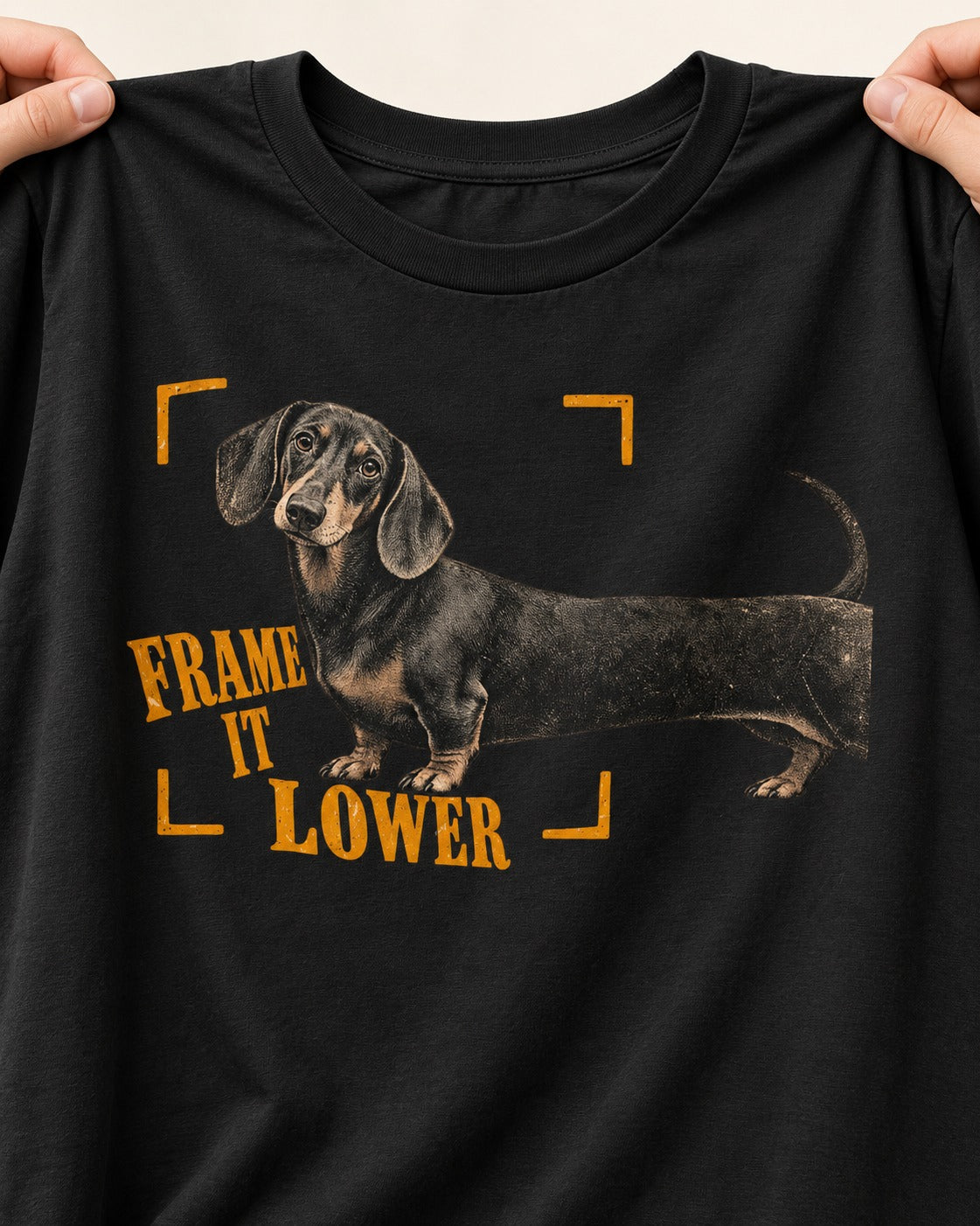 Dachshund Frame It Lower Viewfinder Graphic T-Shirt in Black, close-up of the graphic