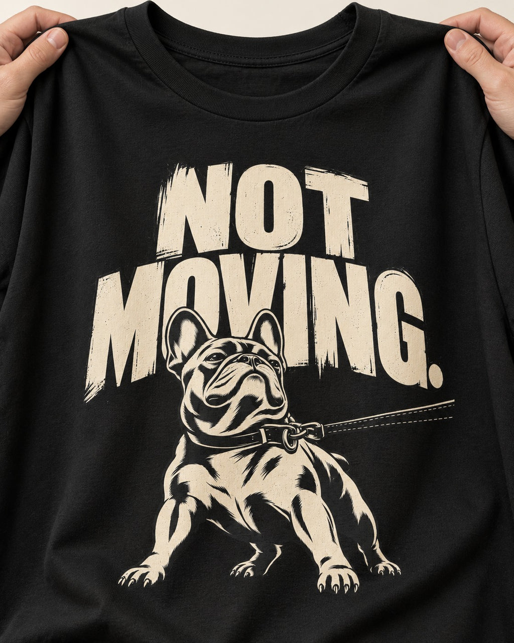Frenchie Not Moving Taut Leash Poster T-Shirt in Black, close-up of the graphic