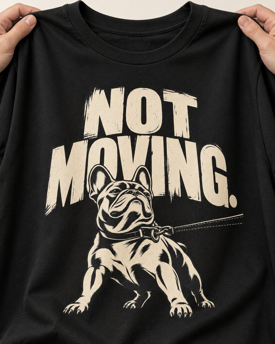 Frenchie Not Moving Taut Leash Poster T-Shirt in Black, close-up of the graphic