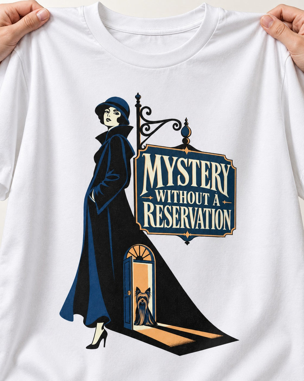 Mystery Without a Reservation Yorkshire Terrier T-Shirt in White, close-up of the graphic