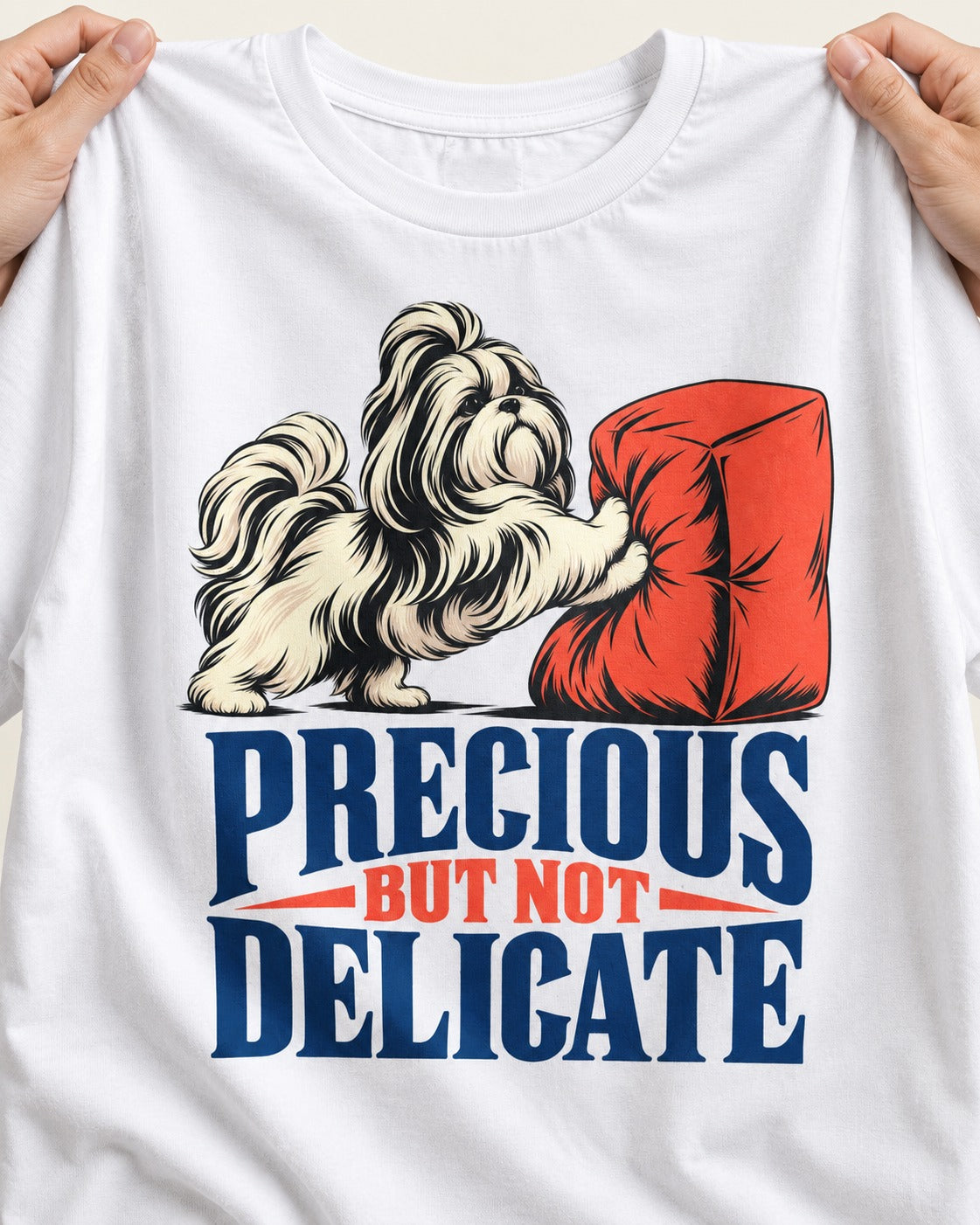 Precious but Not Delicate Shih Tzu T-Shirt in White, close-up of the graphic