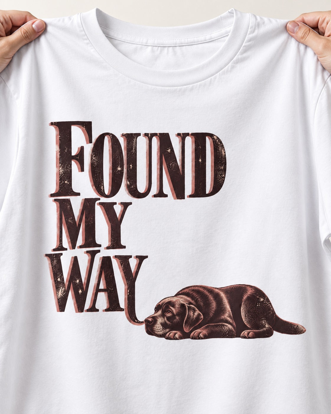 Found My Way Labrador Retriever T-Shirt in White, close-up of the graphic