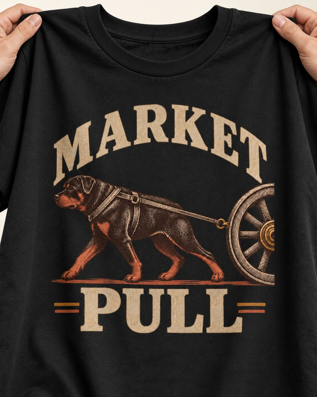 Market Pull Rottweiler Cart Harness Graphic T-Shirt in Black, close-up of the graphic