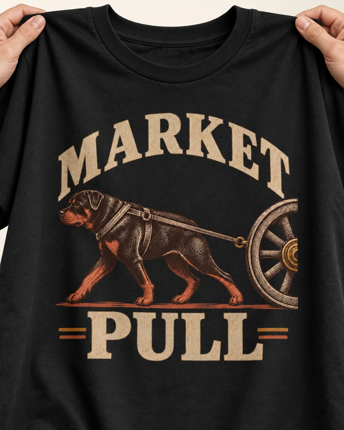 Market Pull Rottweiler Cart Harness Graphic T-Shirt in Black, close-up of the graphic