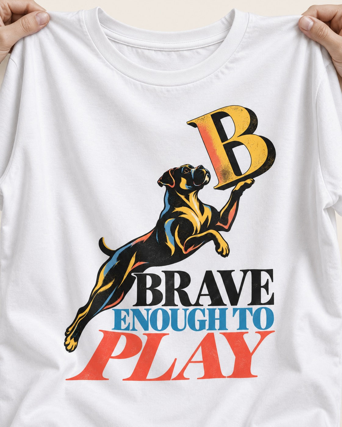 Boxer Brave Enough to Play T-Shirt in White, close-up of the graphic