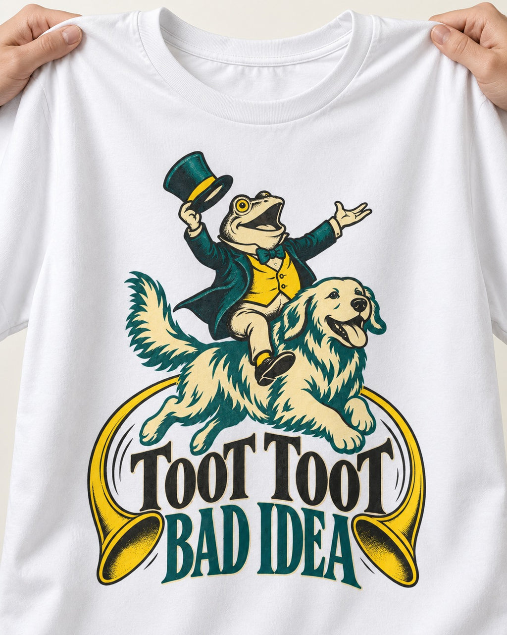 Golden Retriever Toot Toot Bad Idea T-Shirt in White, close-up of the graphic