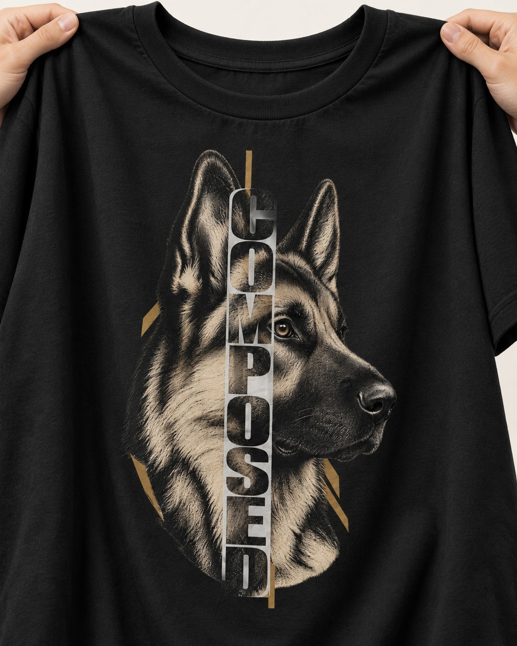 Composed Profile German Shepherd Dog Graphic T-Shirt in Black, close-up of the graphic
