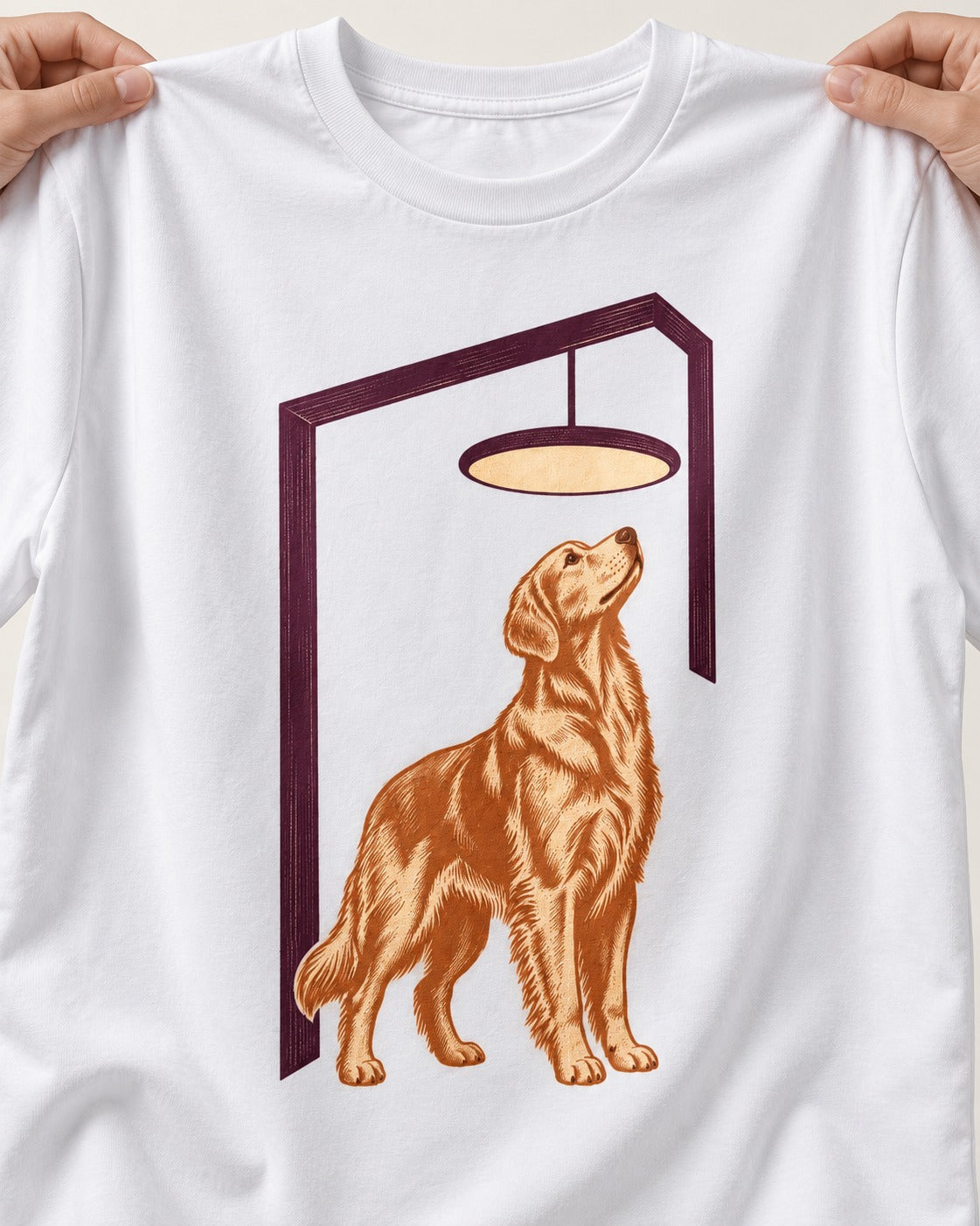 Golden Retriever Bright Idea T-Shirt in White, close-up of the graphic