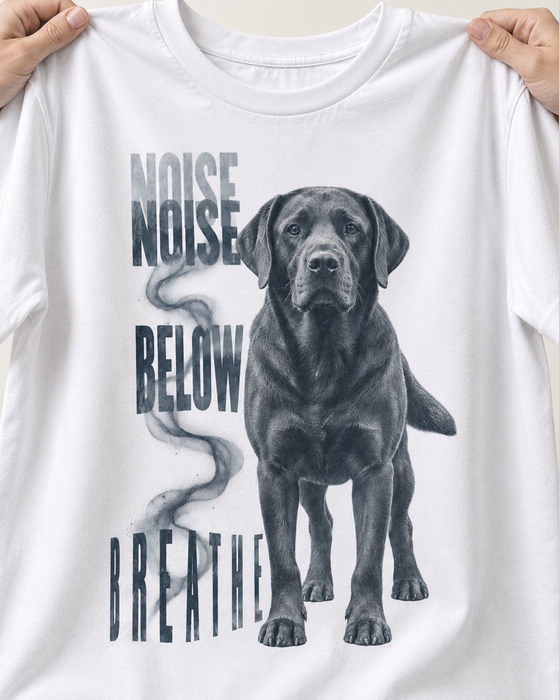 Labrador Retriever Breathe Below the Noise T-Shirt in White, close-up of the graphic