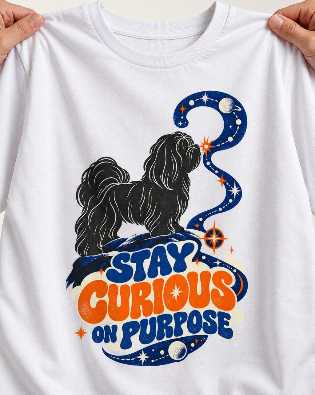 Stay Curious on Purpose Shih Tzu T-Shirt in White, close-up of the graphic