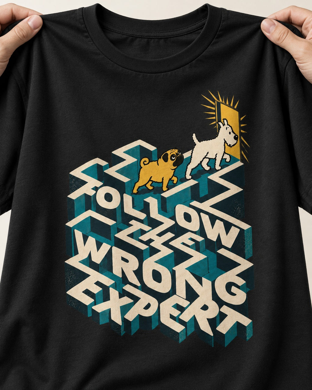 Pug Follow the Wrong Expert Isometric Maze Graphic T-Shirt in Black, close-up of the graphic