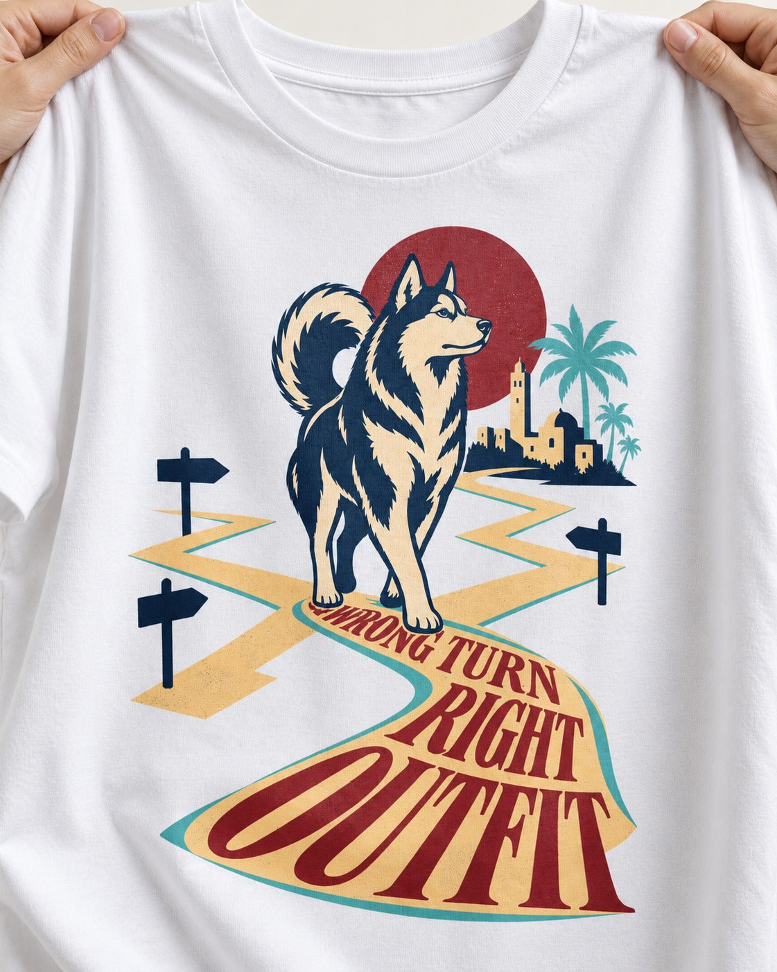 Wrong Turn Right Outfit Husky T-Shirt in White, close-up of the graphic