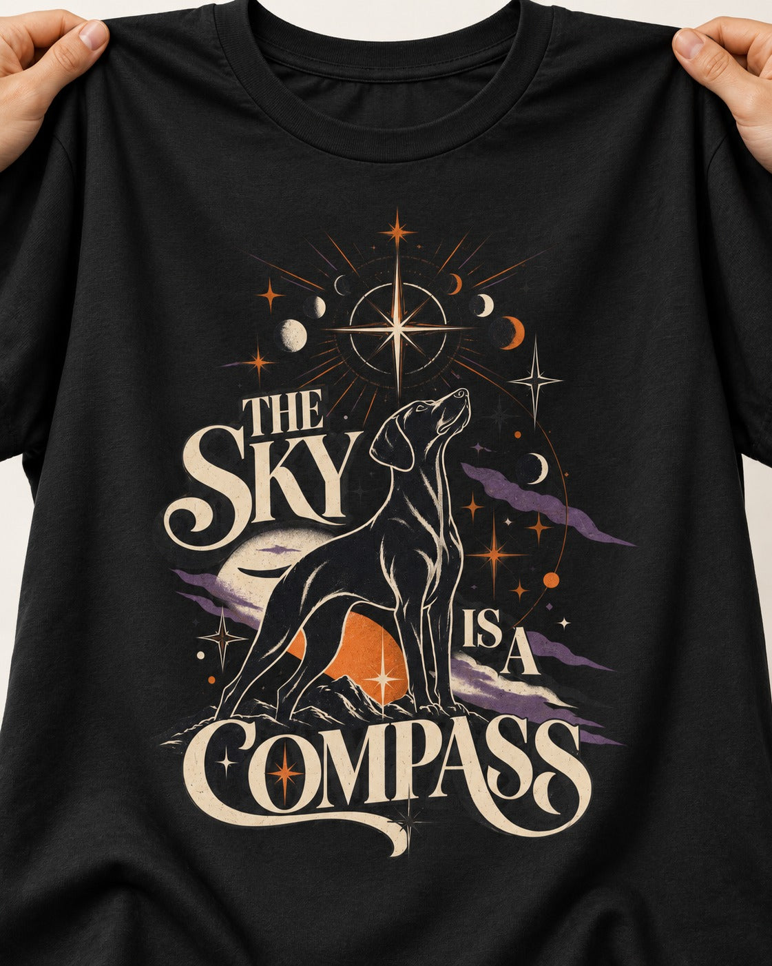 The Sky Is a Compass Celestial German Shorthaired Pointer Graphic T-Shirt in Black, close-up of the graphic
