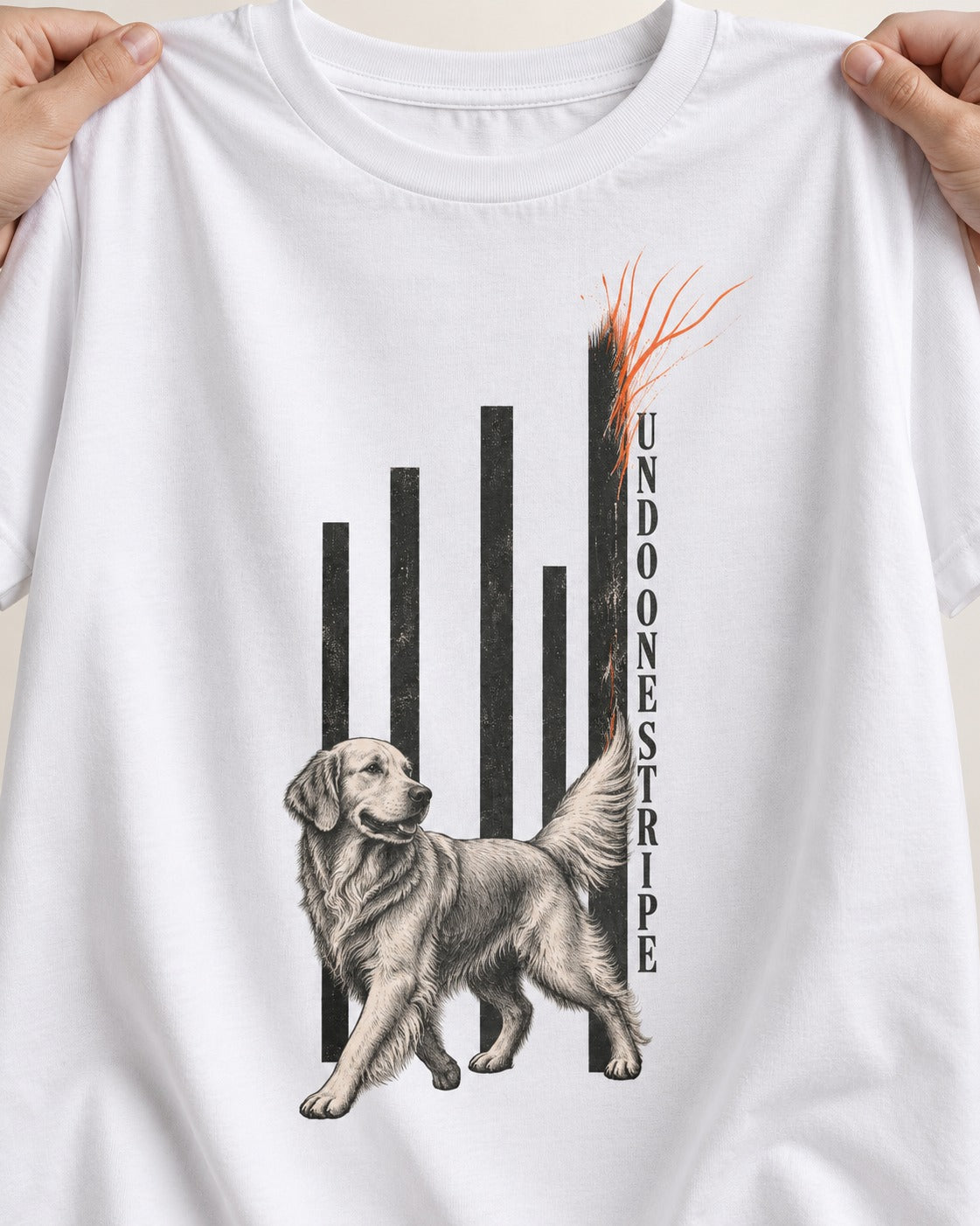 Undo One Stripe Golden Retriever T-Shirt in White, close-up of the graphic
