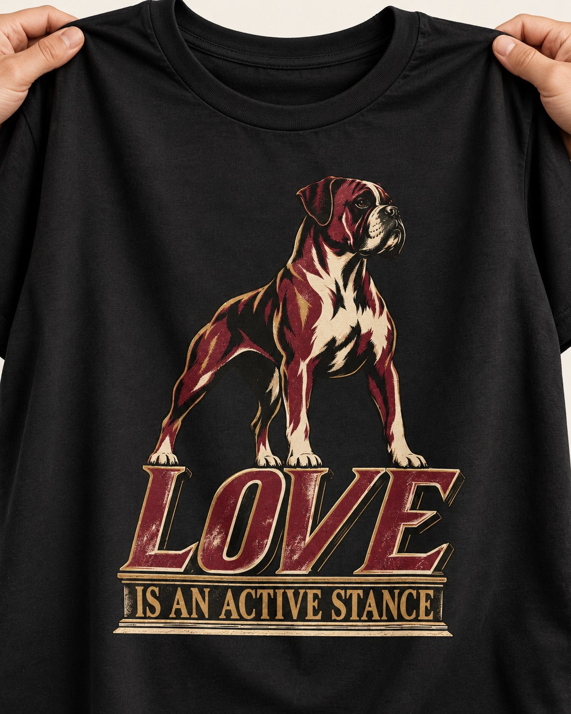 Love Is an Active Stance Boxer Pedestal Graphic T-Shirt in Black, close-up of the graphic