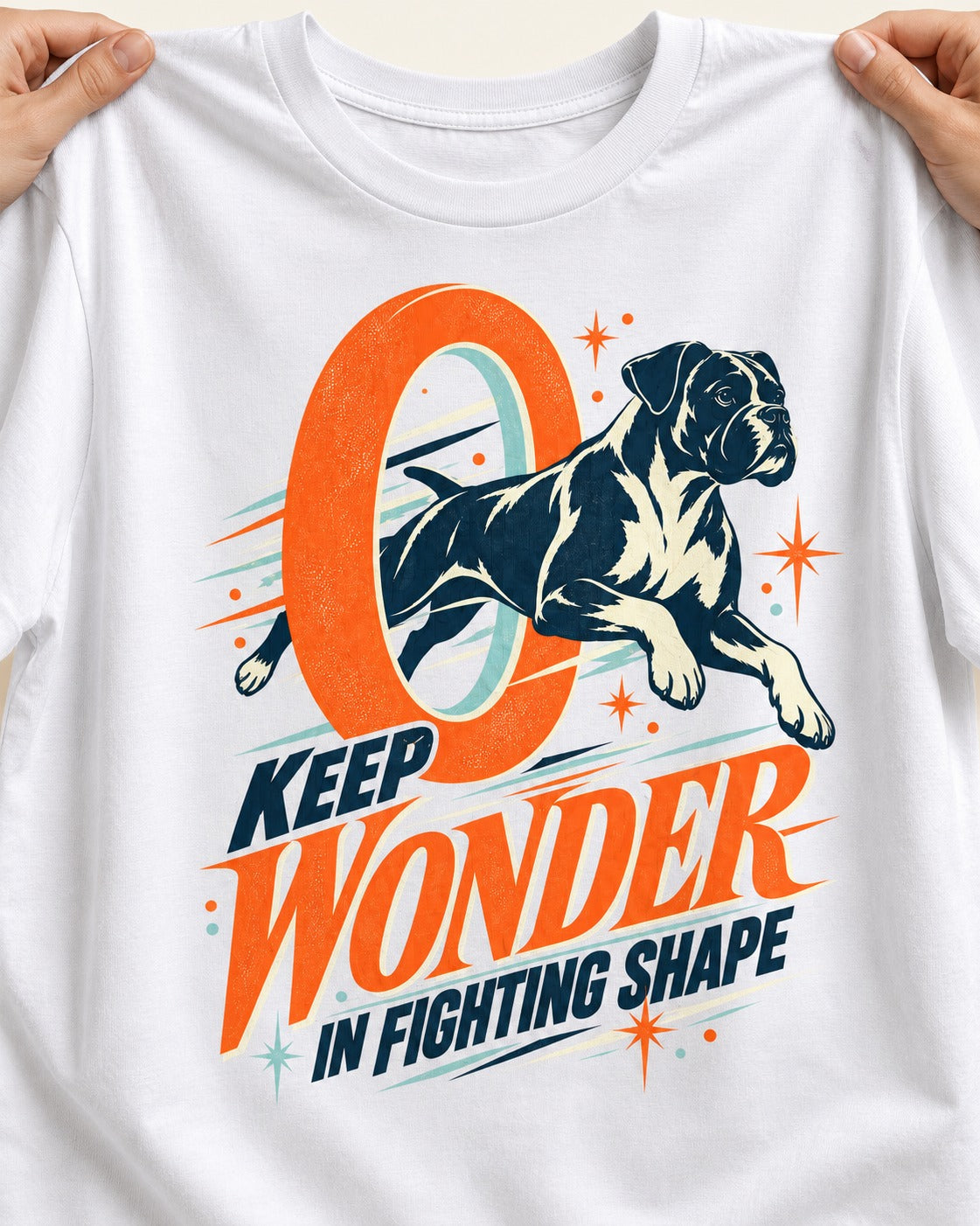 Boxer Keep Wonder in Fighting Shape T-Shirt in White, close-up of the graphic
