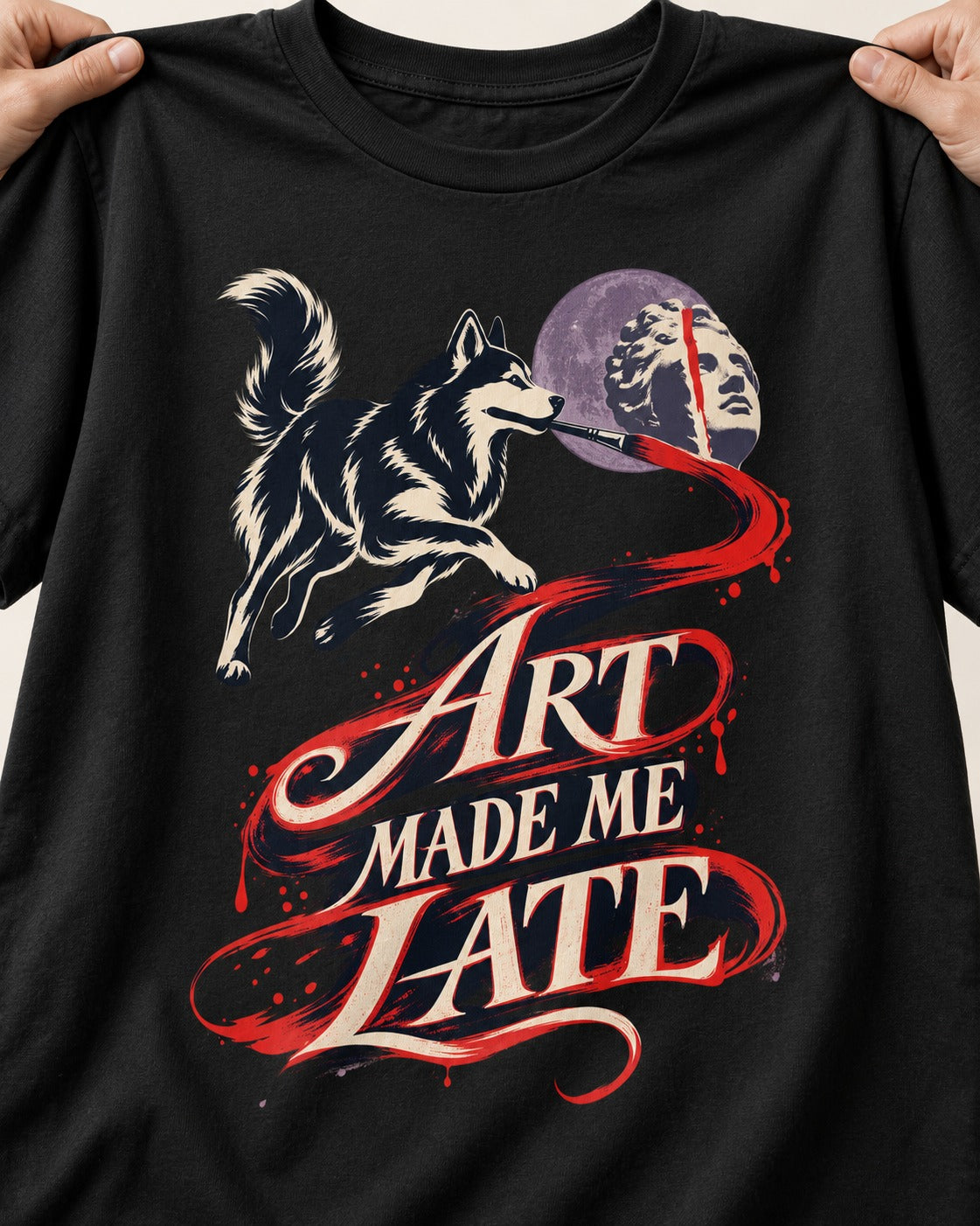 Husky Art Made Me Late Paintbrush Graphic T-Shirt in Black, close-up of the graphic