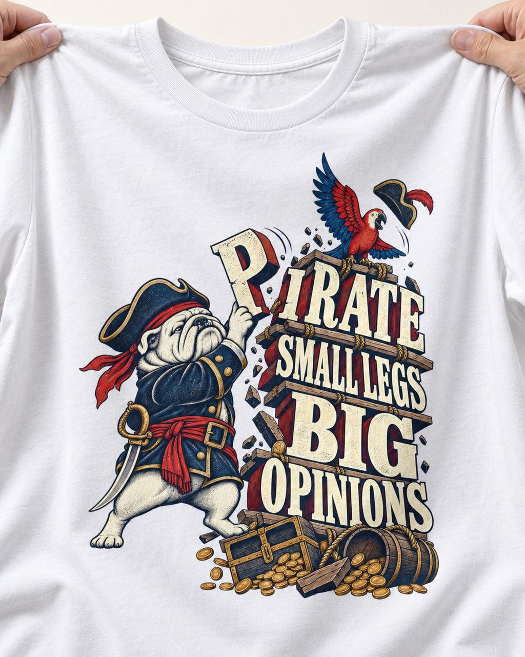 Pirate English Bulldog Big Opinions T-Shirt in White, close-up of the graphic