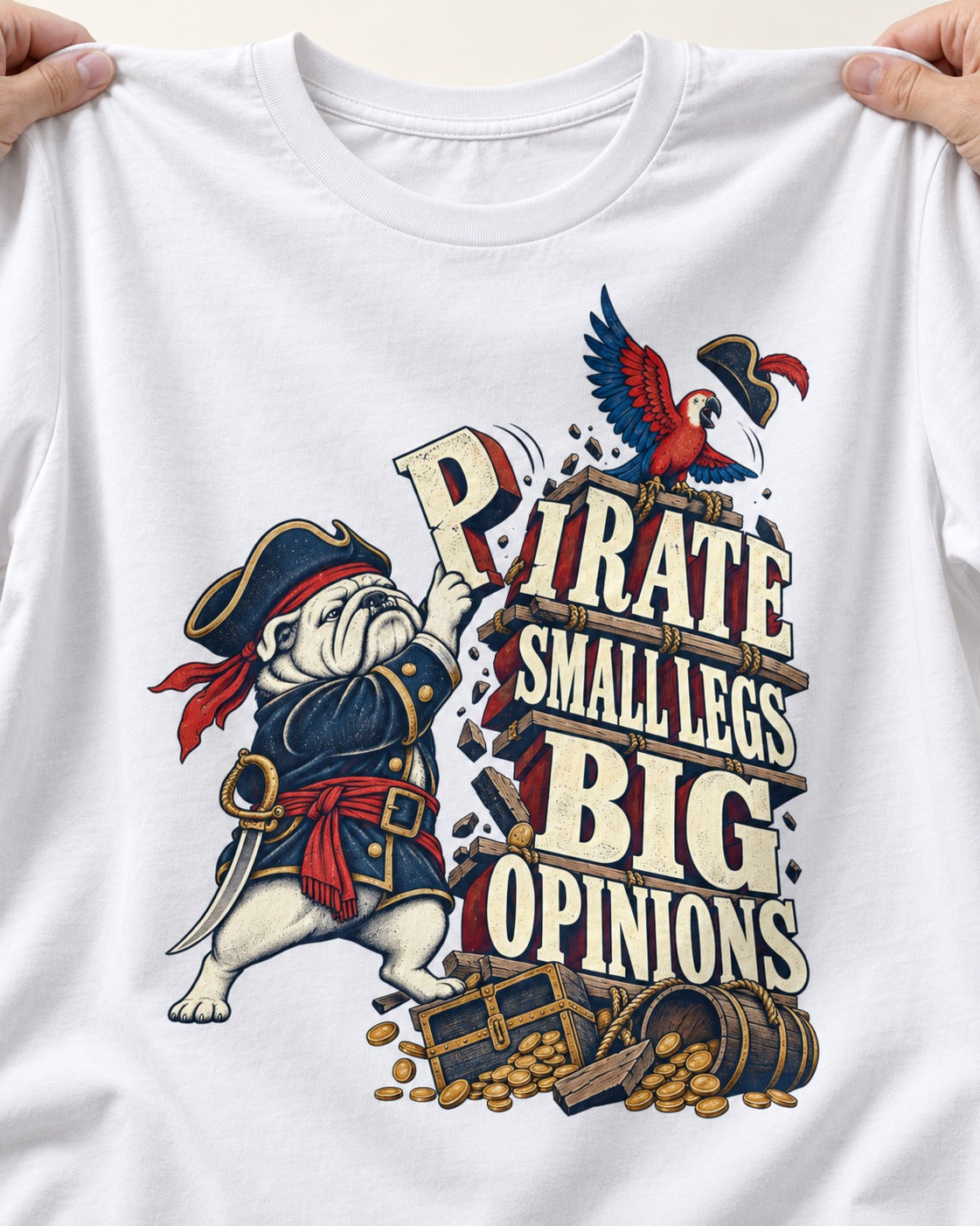 Pirate English Bulldog Big Opinions T-Shirt in White, close-up of the graphic