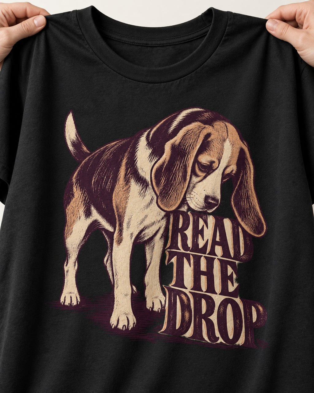 Beagle Read The Drop T-Shirt in Black, close-up of the graphic