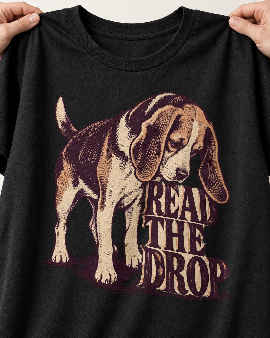 Beagle Read The Drop T-Shirt in Black, close-up of the graphic
