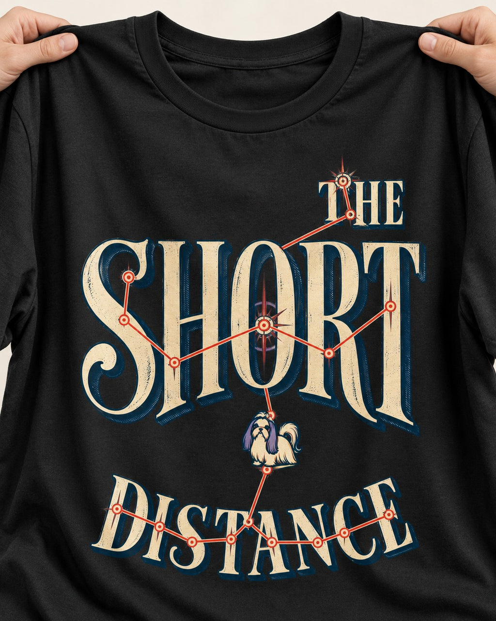 Shih Tzu The Short Distance Route Graphic T-Shirt in Black, close-up of the graphic