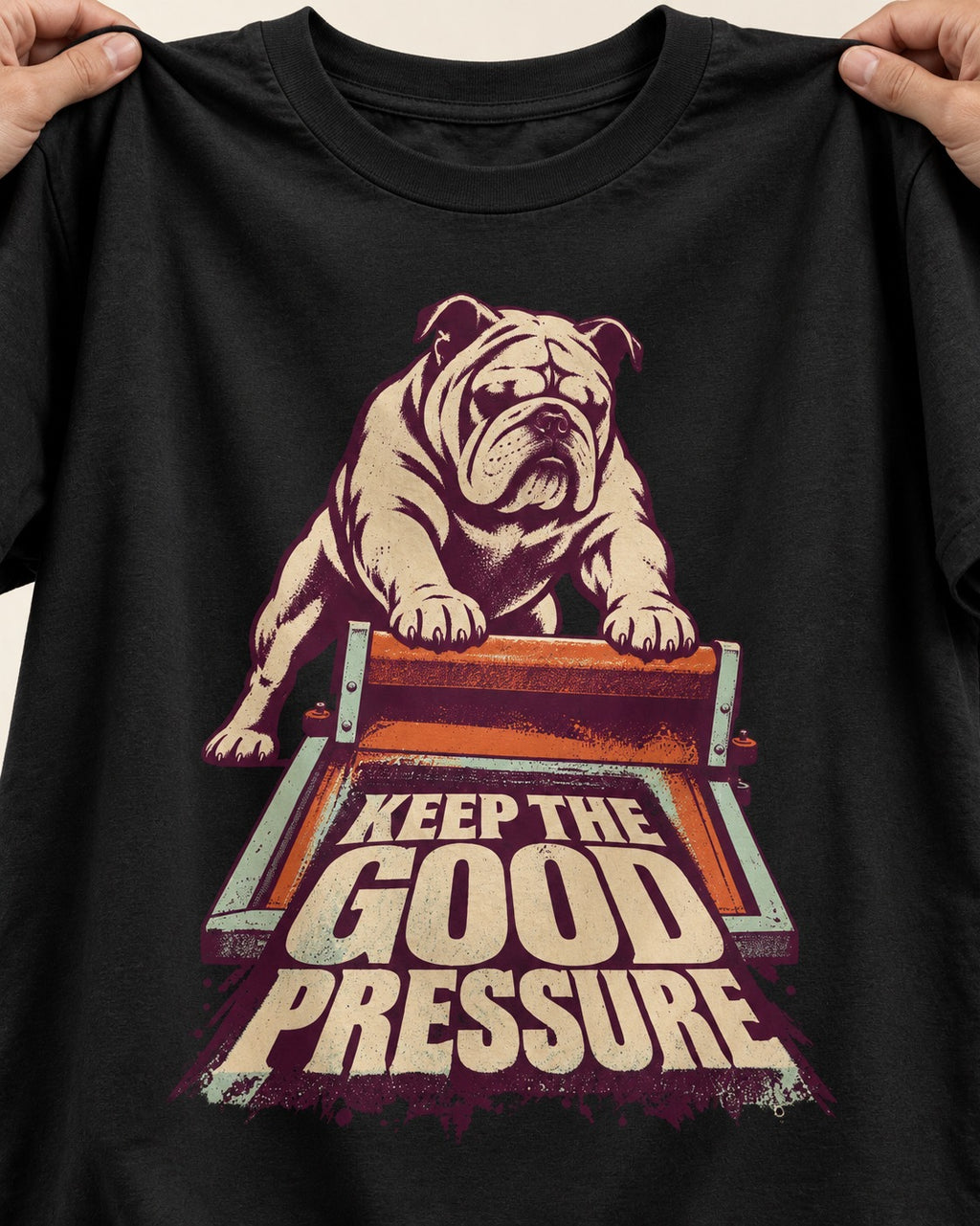 English Bulldog Keep the Good Pressure Printing Press Graphic T-Shirt in Black, close-up of the graphic