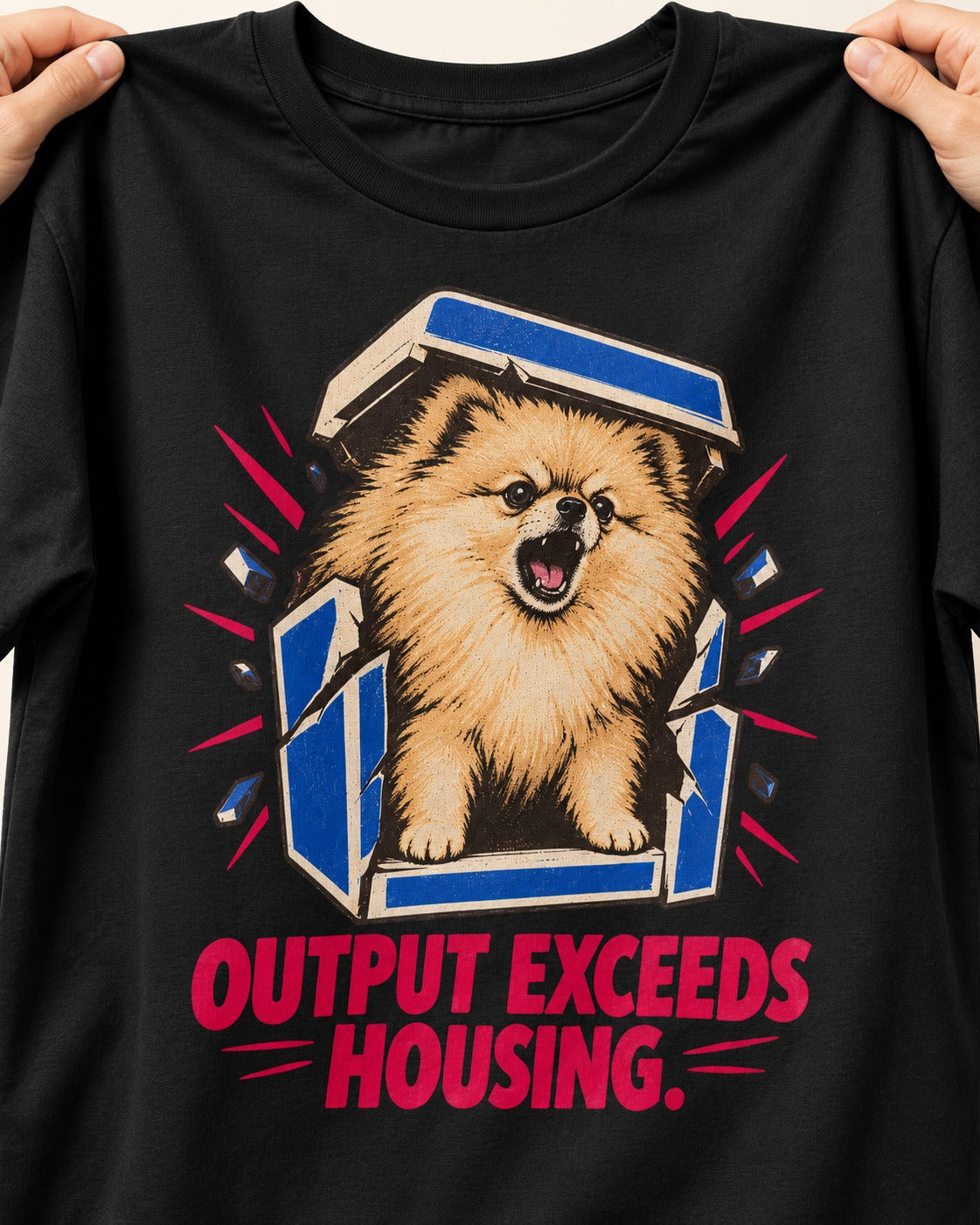 Pomeranian Output Exceeds Housing Bark Compression Graphic T-Shirt in Black, close-up of the graphic