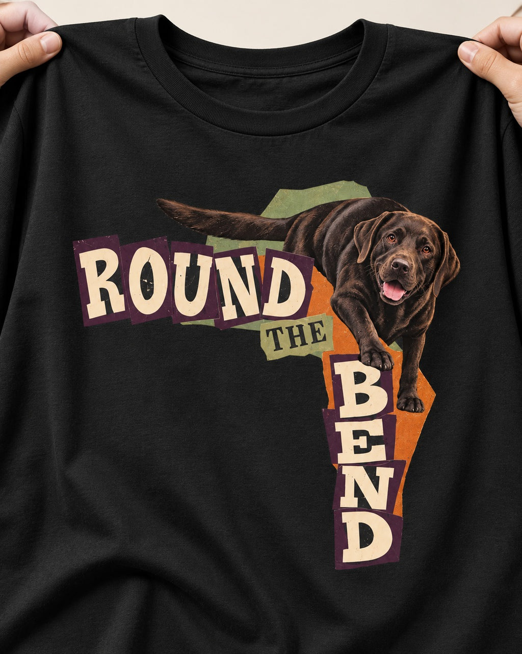 Labrador Retriever Round the Bend Collage Graphic T-Shirt in Black, close-up of the graphic
