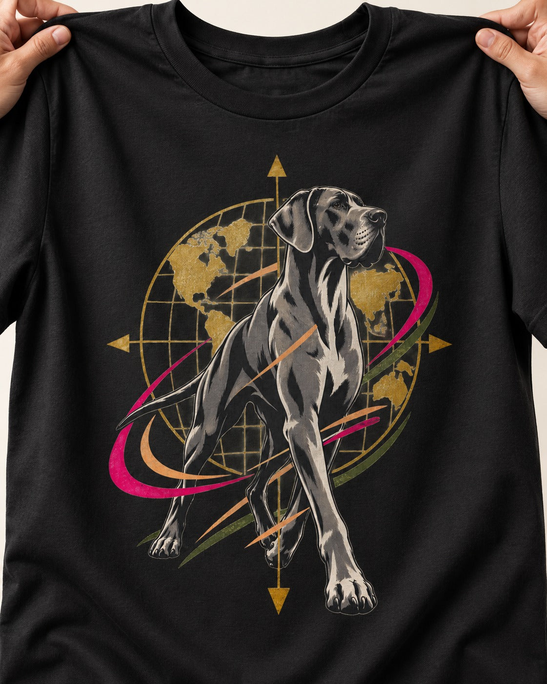 Great Dane Striding Globe Orbit Graphic T-Shirt in Black, close-up of the graphic