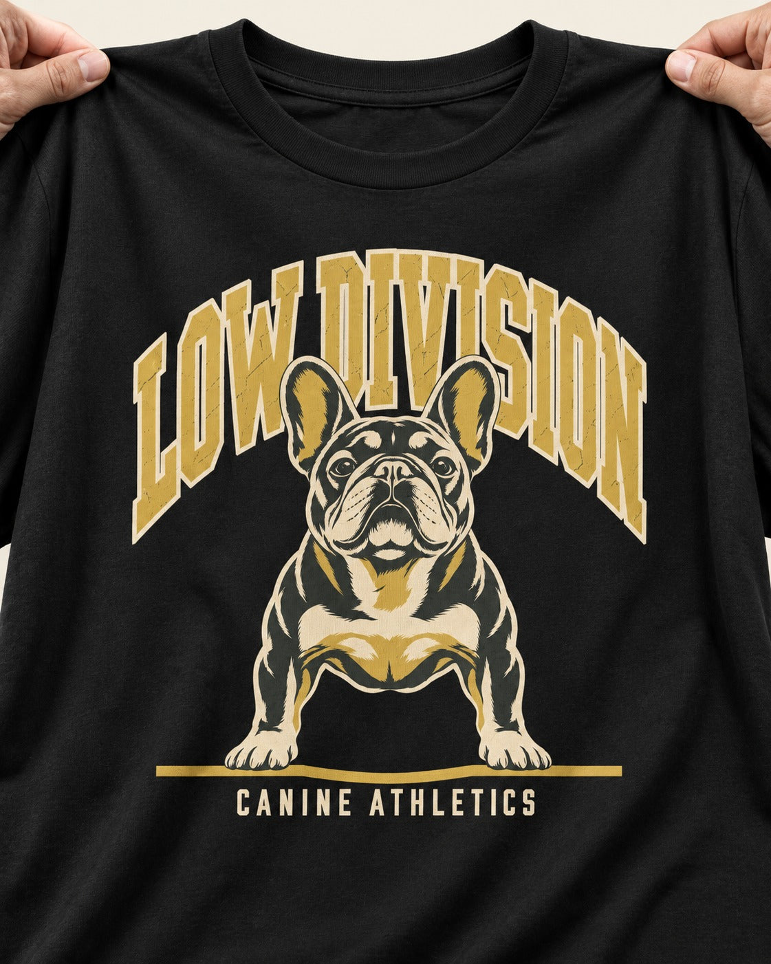 Frenchie Low Division Canine Athletics Graphic T-Shirt in Black, close-up of the graphic