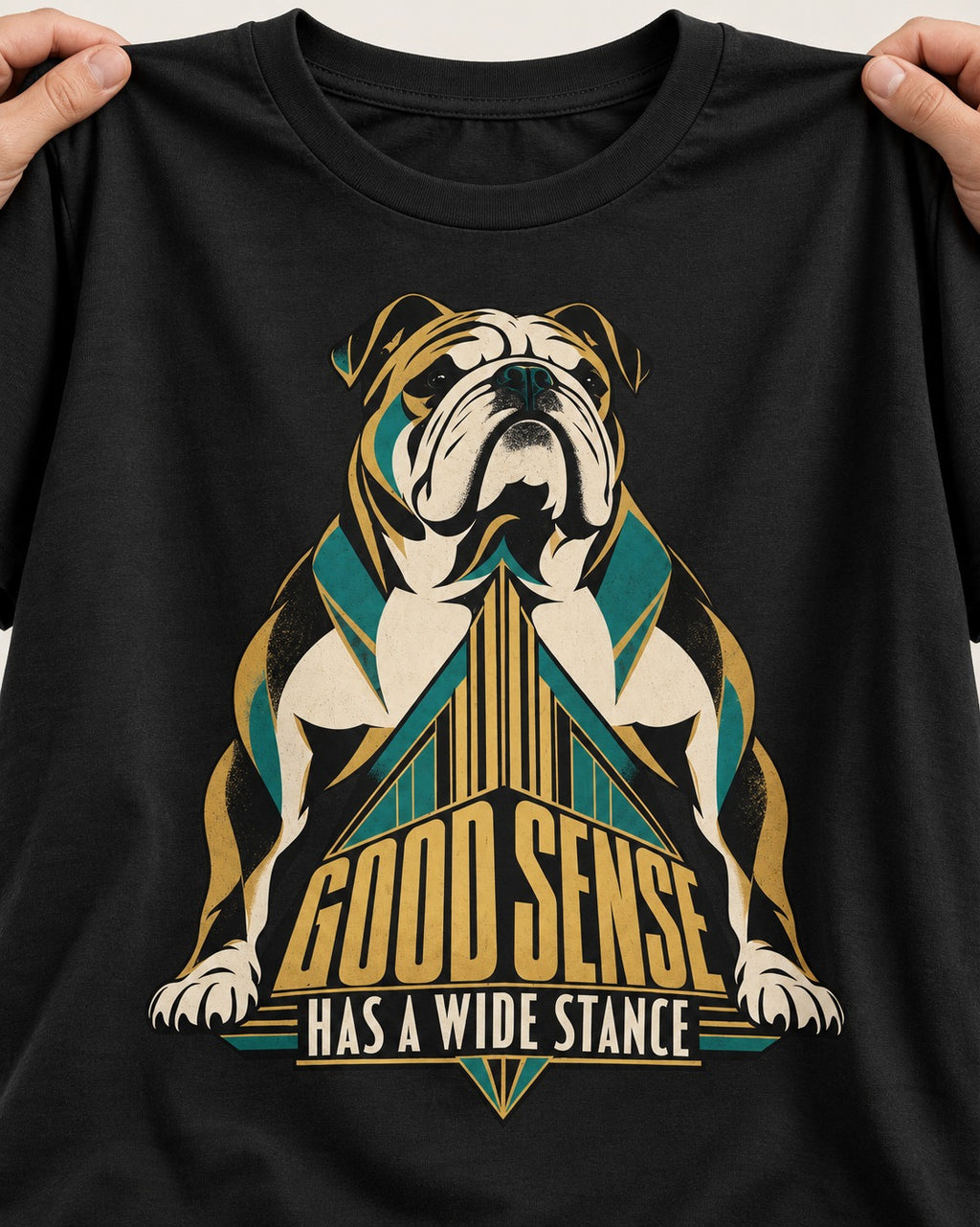 Good Sense Has a Wide Stance English Bulldog Graphic T-Shirt in Black, close-up of the graphic