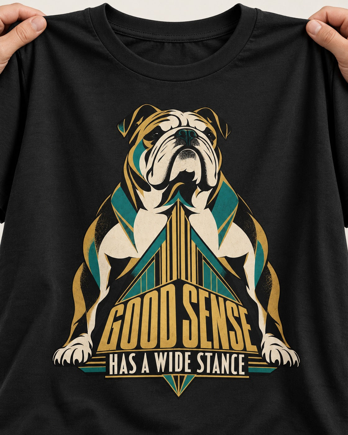 Good Sense Has a Wide Stance English Bulldog Graphic T-Shirt in Black, close-up of the graphic