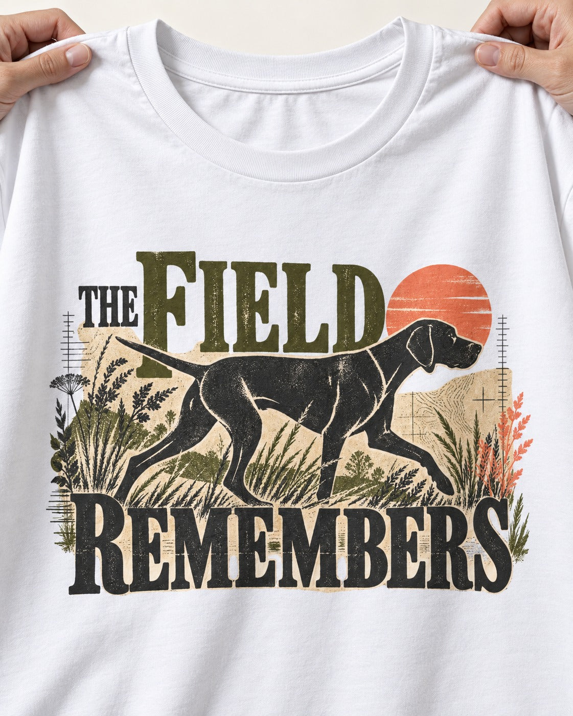 The Field Remembers German Shorthaired Pointer T-Shirt in White, close-up of the graphic