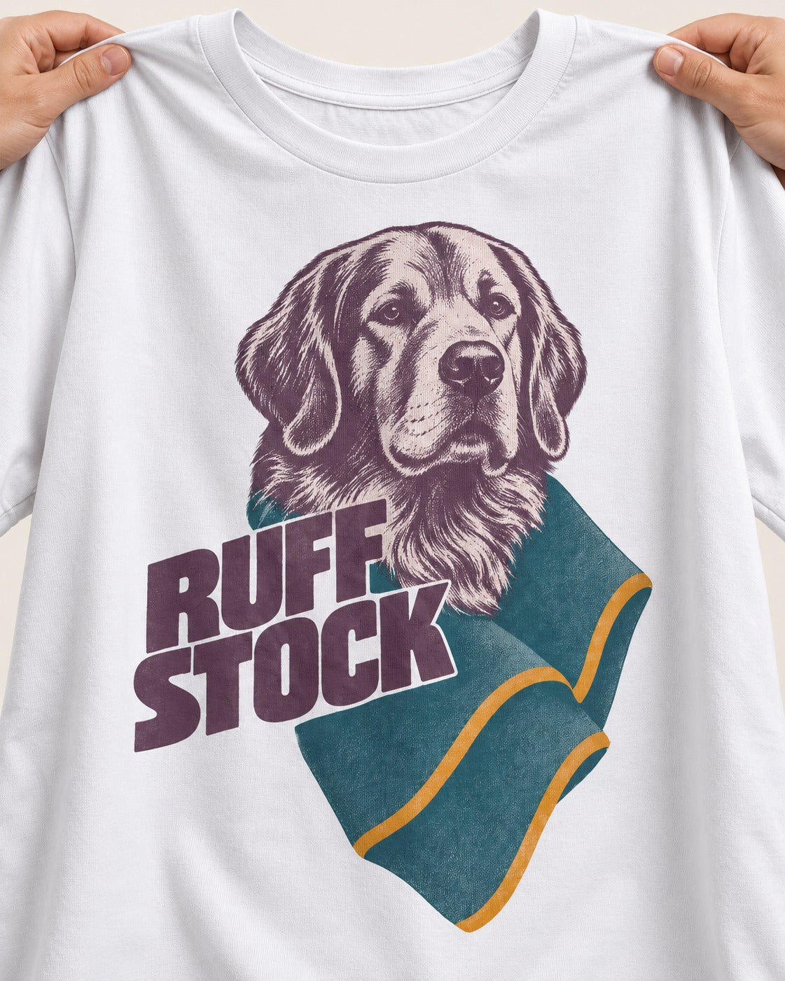Golden Retriever Ruff Stock T-Shirt in White, close-up of the graphic