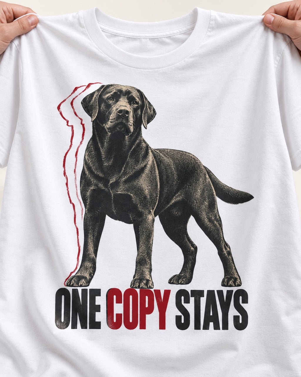 One Copy Stays Labrador Retriever T-Shirt in White, close-up of the graphic