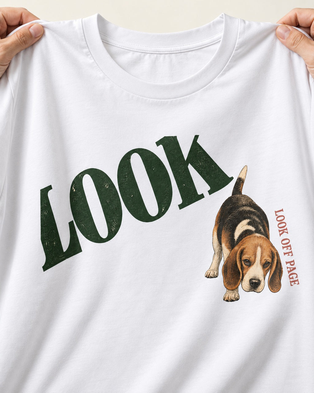 Beagle Look Off Page T-Shirt in White, close-up of the graphic