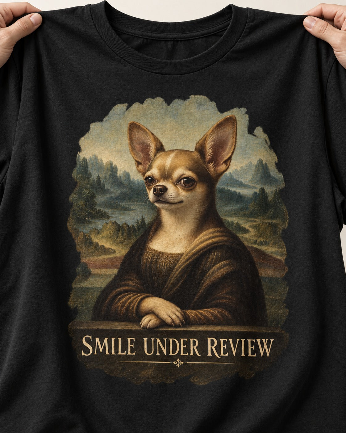 Chihuahua Smile Under Review Mona Lisa Portrait T-Shirt in Black, close-up of the graphic
