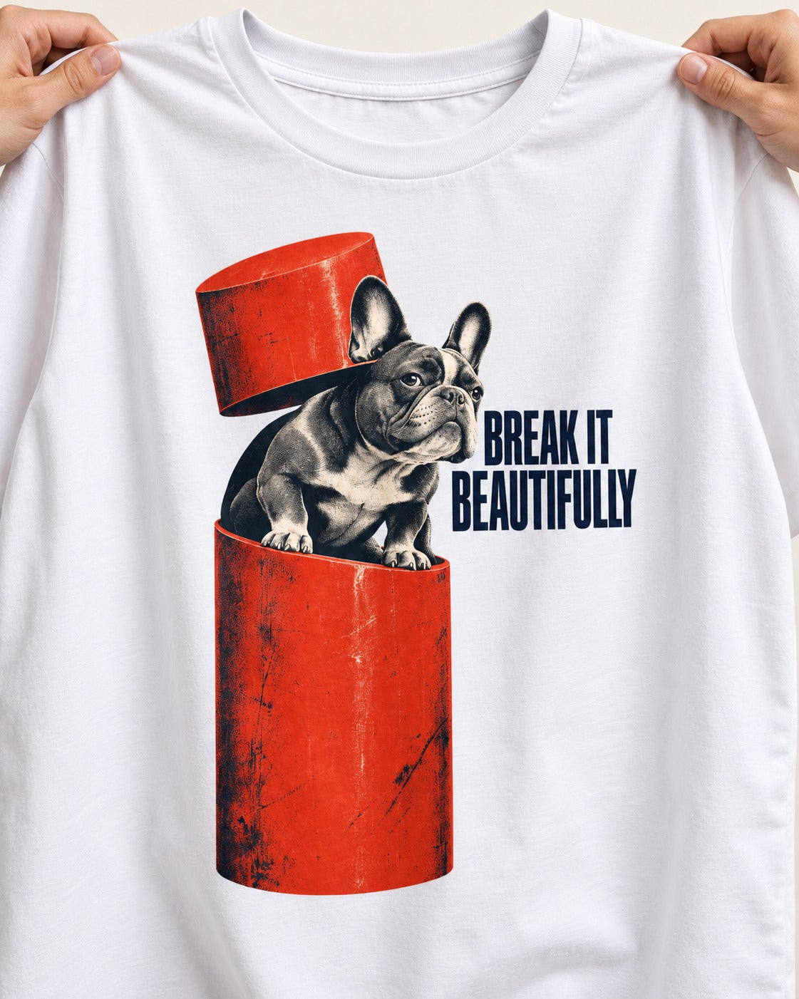 Frenchie Break It Beautifully T-Shirt in White, close-up of the graphic