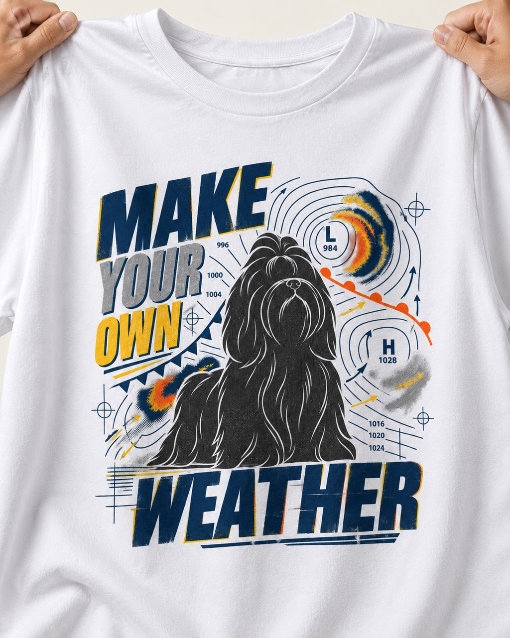 Shih Tzu Make Your Own Weather T-Shirt in White, close-up of the graphic
