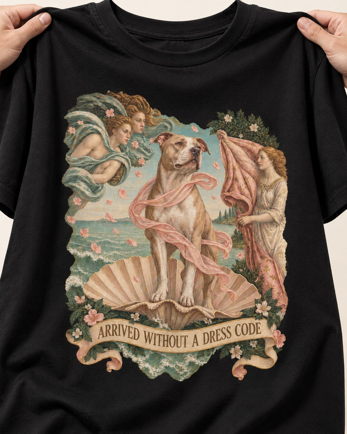 Pitbull Arrived Without a Dress Code Venus Parody Graphic T-Shirt in Black, close-up of the graphic