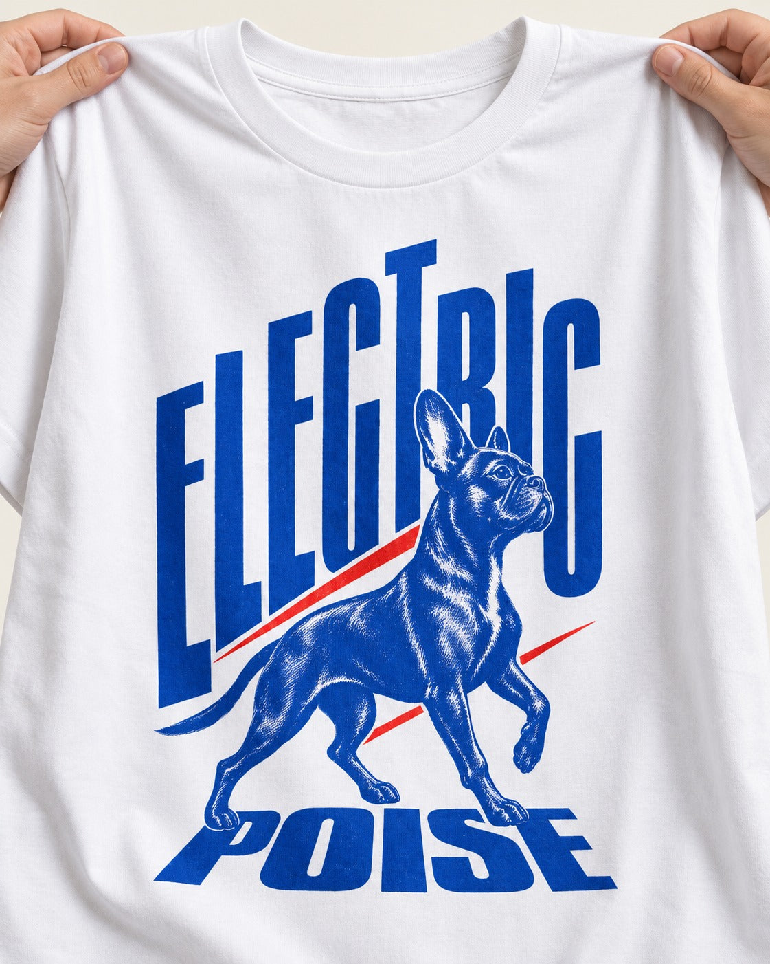 Boston Terrier Electric Poise T-Shirt in White, close-up of the graphic