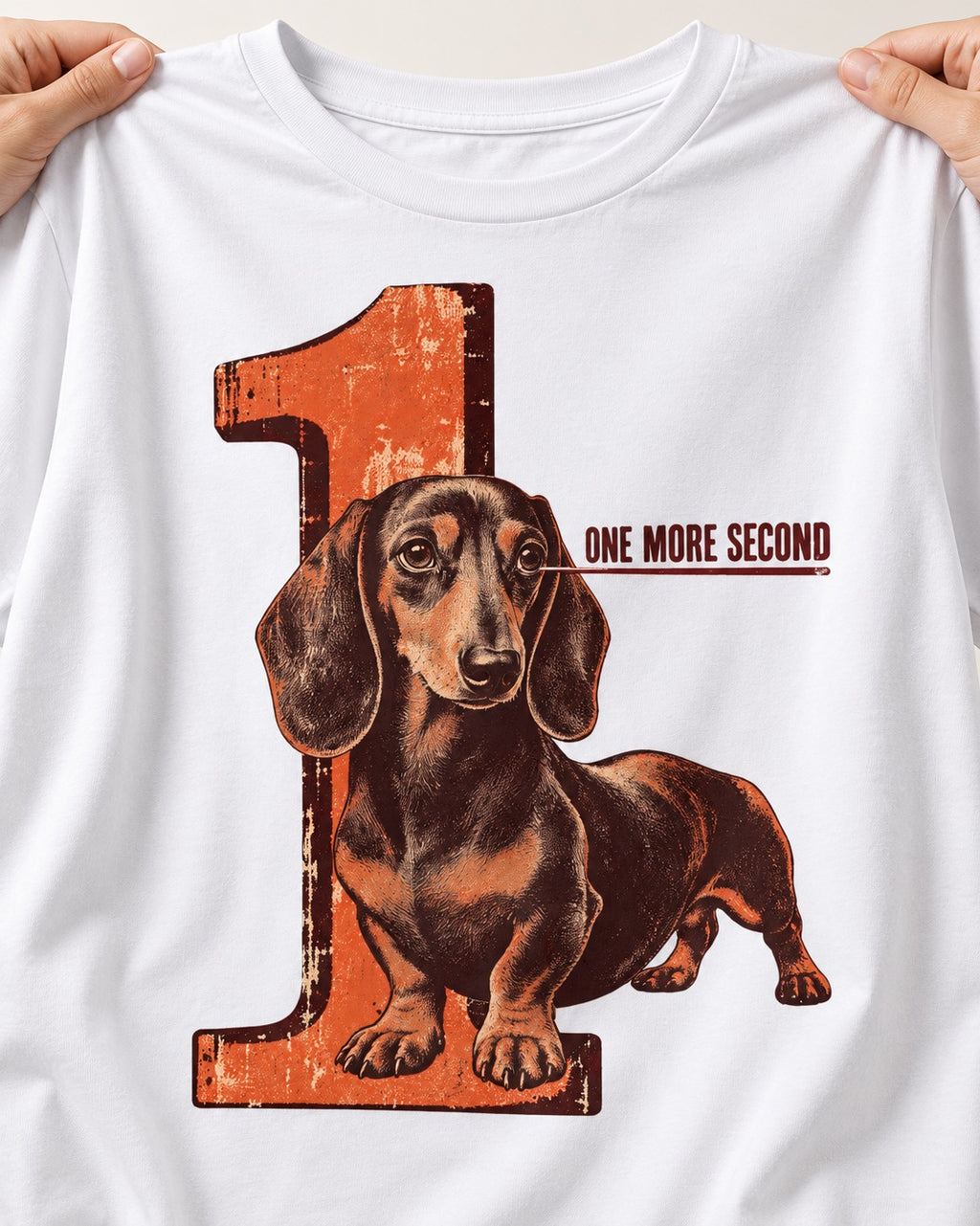 One More Second Dachshund T-Shirt in White, close-up of the graphic