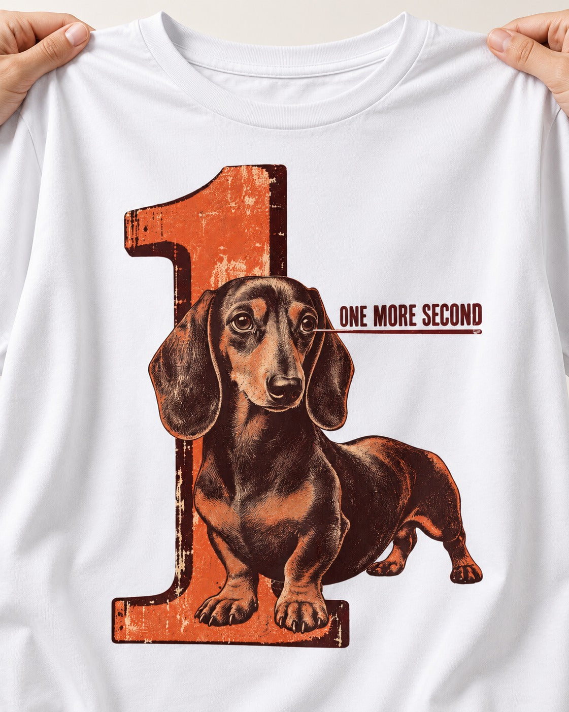 One More Second Dachshund T-Shirt in White, close-up of the graphic