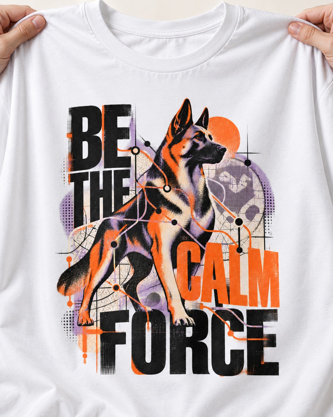 Be the Calm Force German Shepherd Dog T-Shirt in White, close-up of the graphic