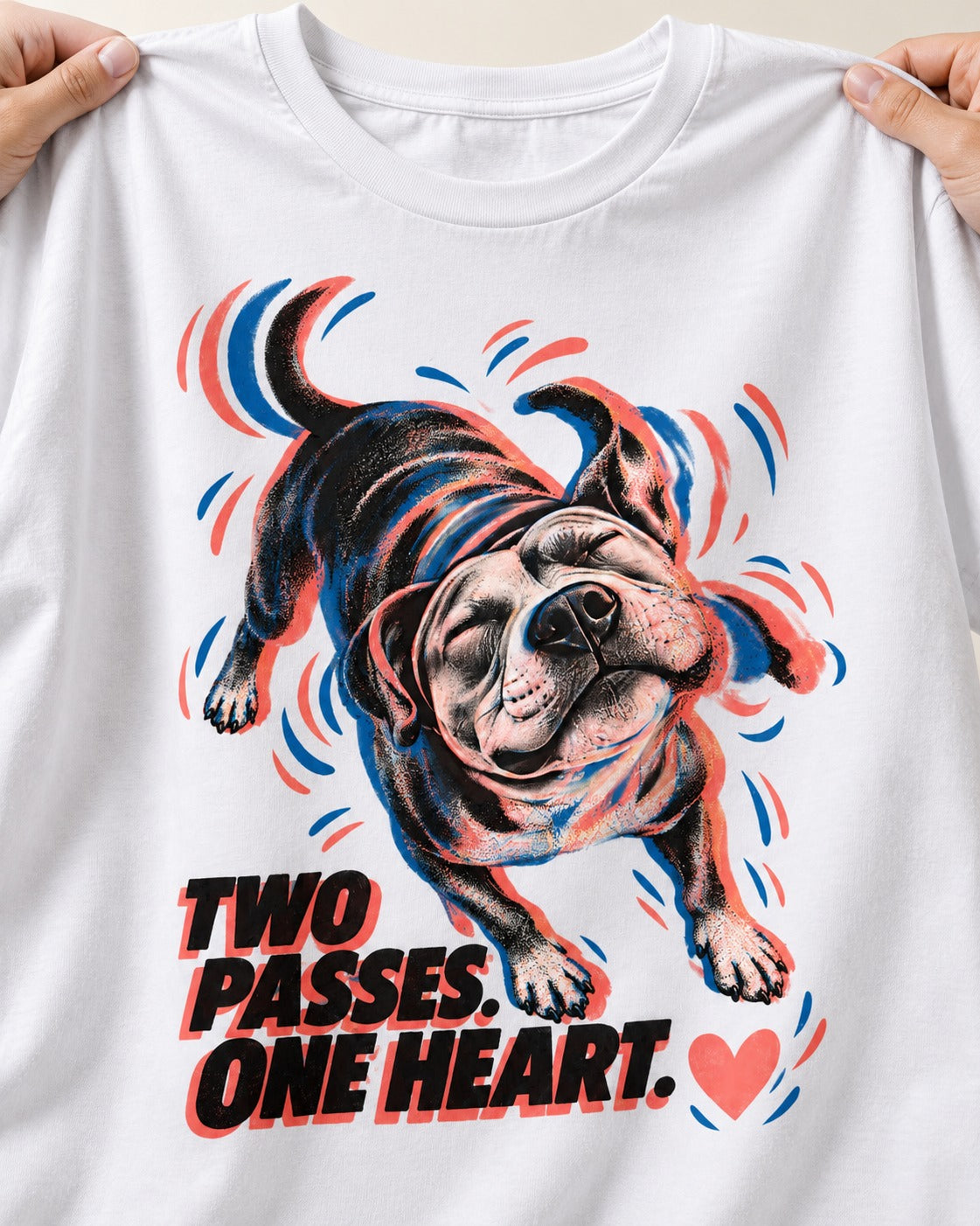 Two Passes One Heart Pitbull T-Shirt in White, close-up of the graphic