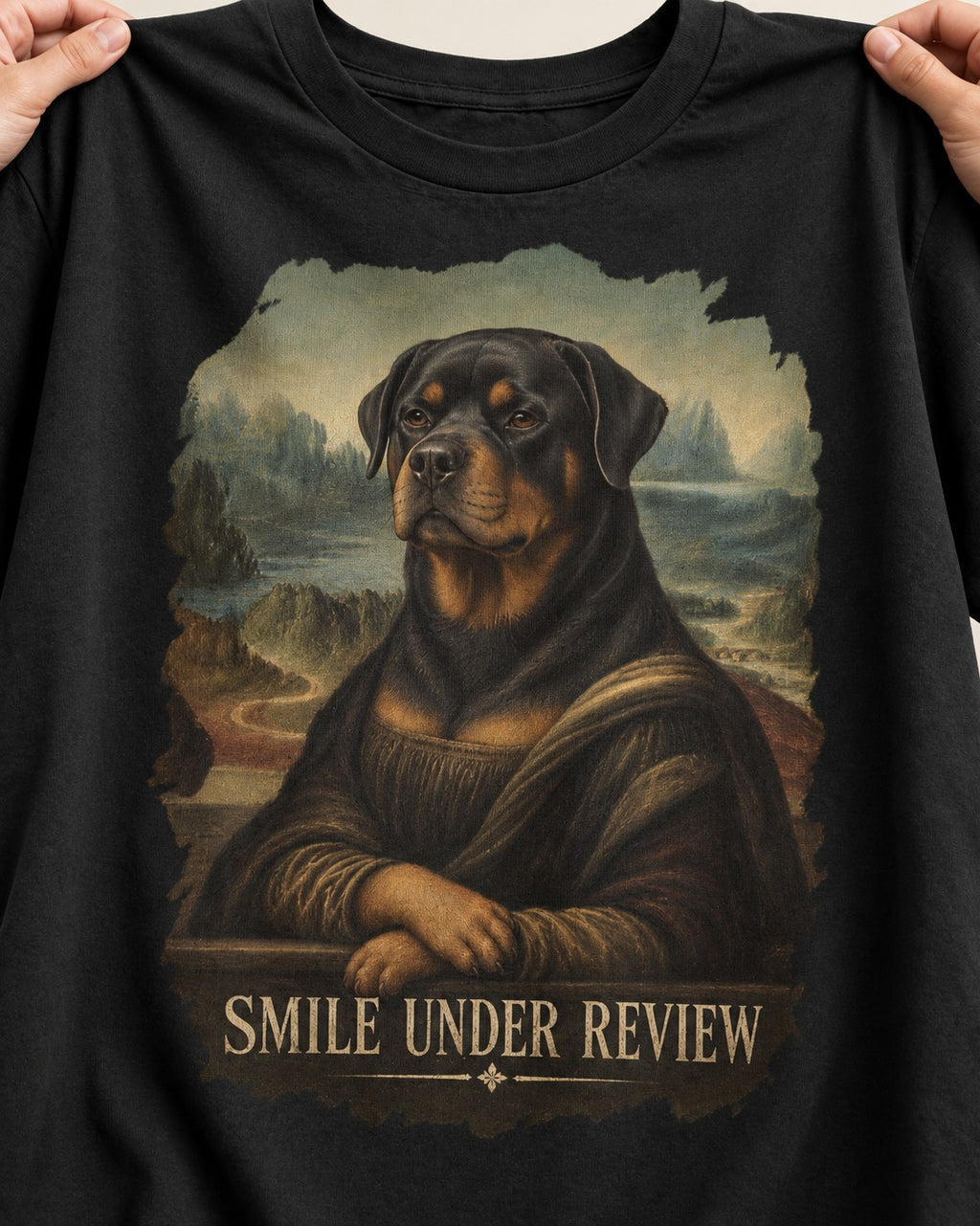 Rottweiler Smile Under Review Renaissance Portrait Graphic T-Shirt in Black, close-up of the graphic
