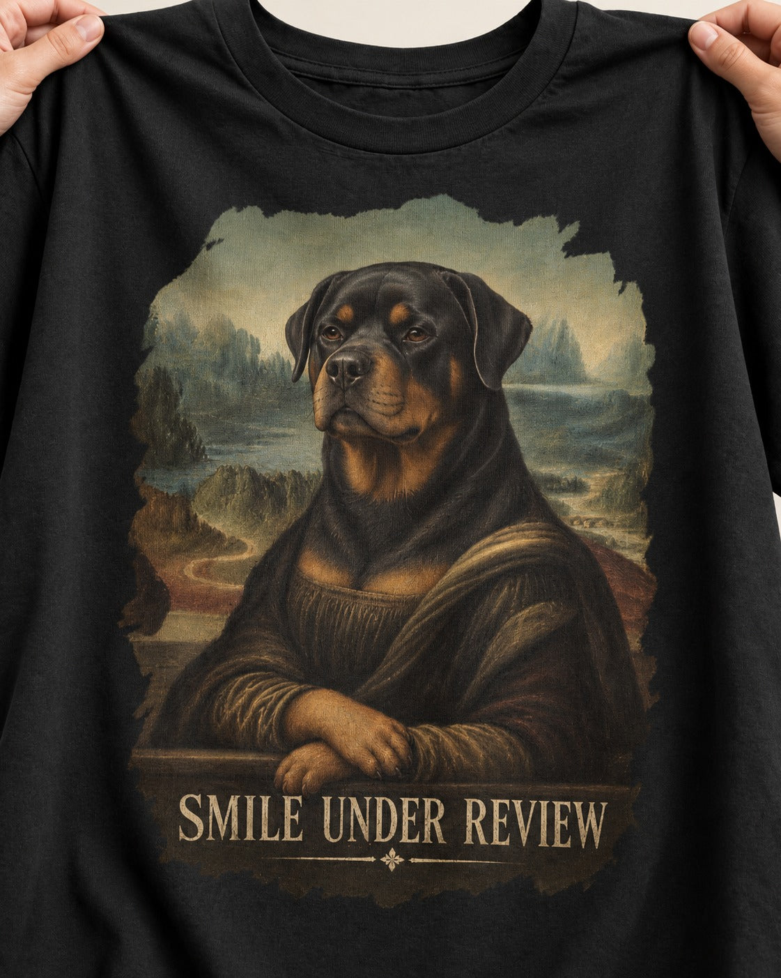 Rottweiler Smile Under Review Renaissance Portrait Graphic T-Shirt in Black, close-up of the graphic