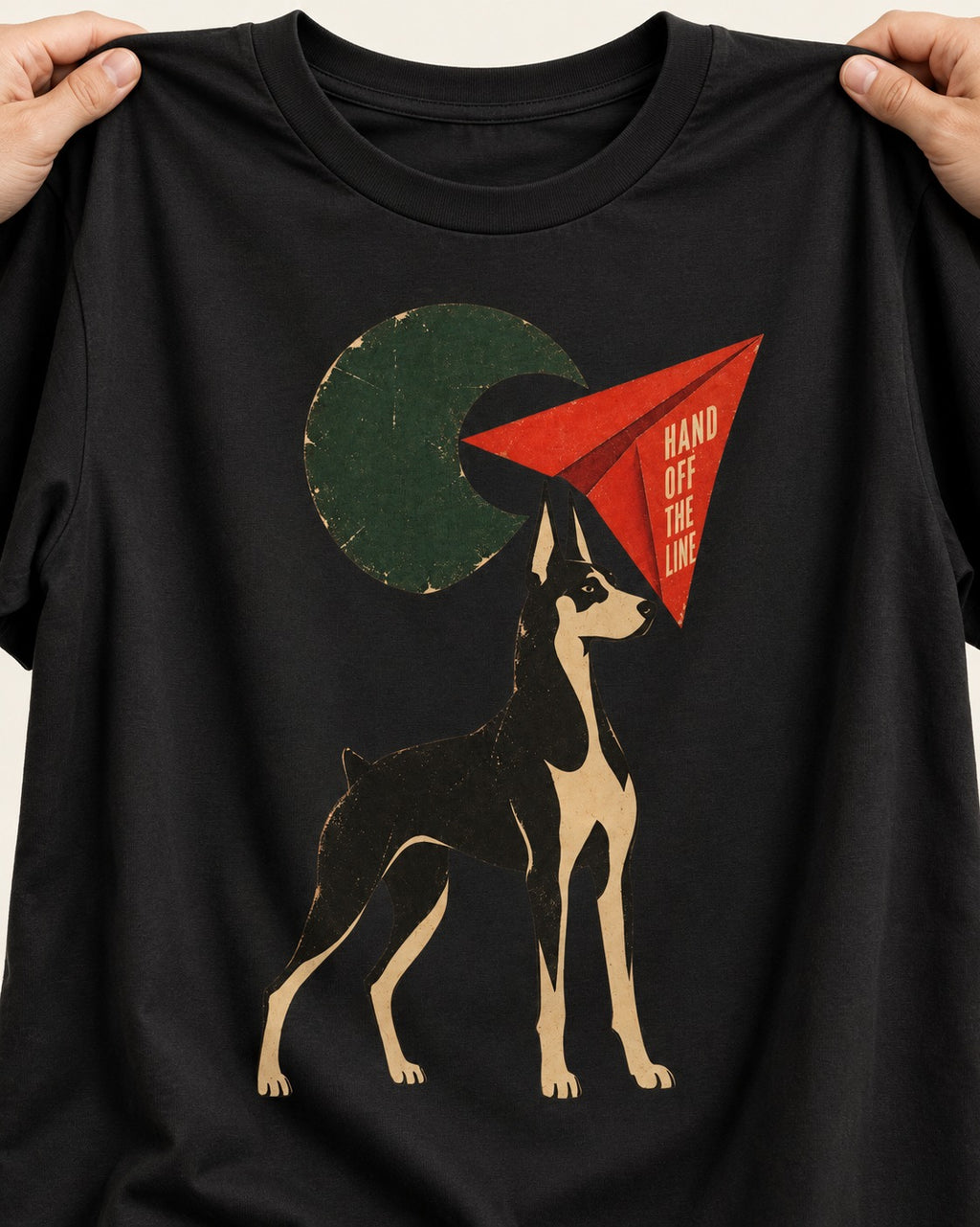 Doberman Hand Off the Line Paper Plane Graphic T-Shirt in Black, close-up of the graphic